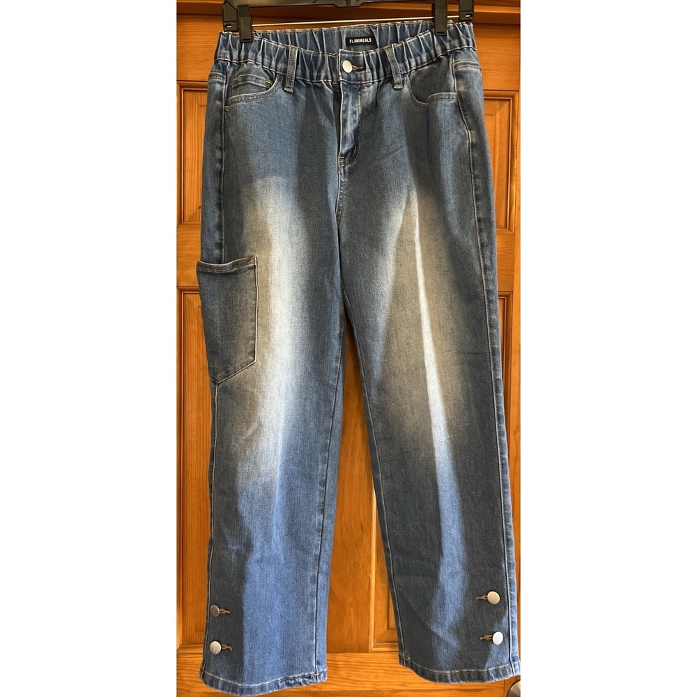 Flamingals Women's Cargo Pocket Buttons At Hem Jeans Sz Large Elastic waist